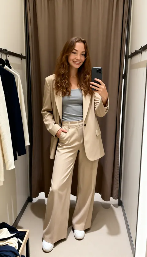 Diana no provador com conjunto de blazer e calça bege